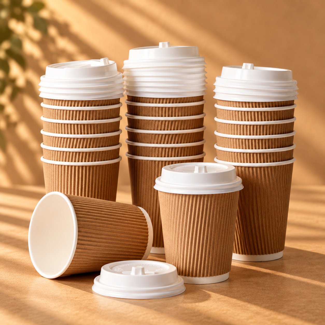 Stacks of white ribbed paper cups paired with white sip lids on a kraft backdrop, showing a uniform lid-on-cup fit across a stack of identical cups — the kind of clean baseline pair you can compare any odor or taste sample against.