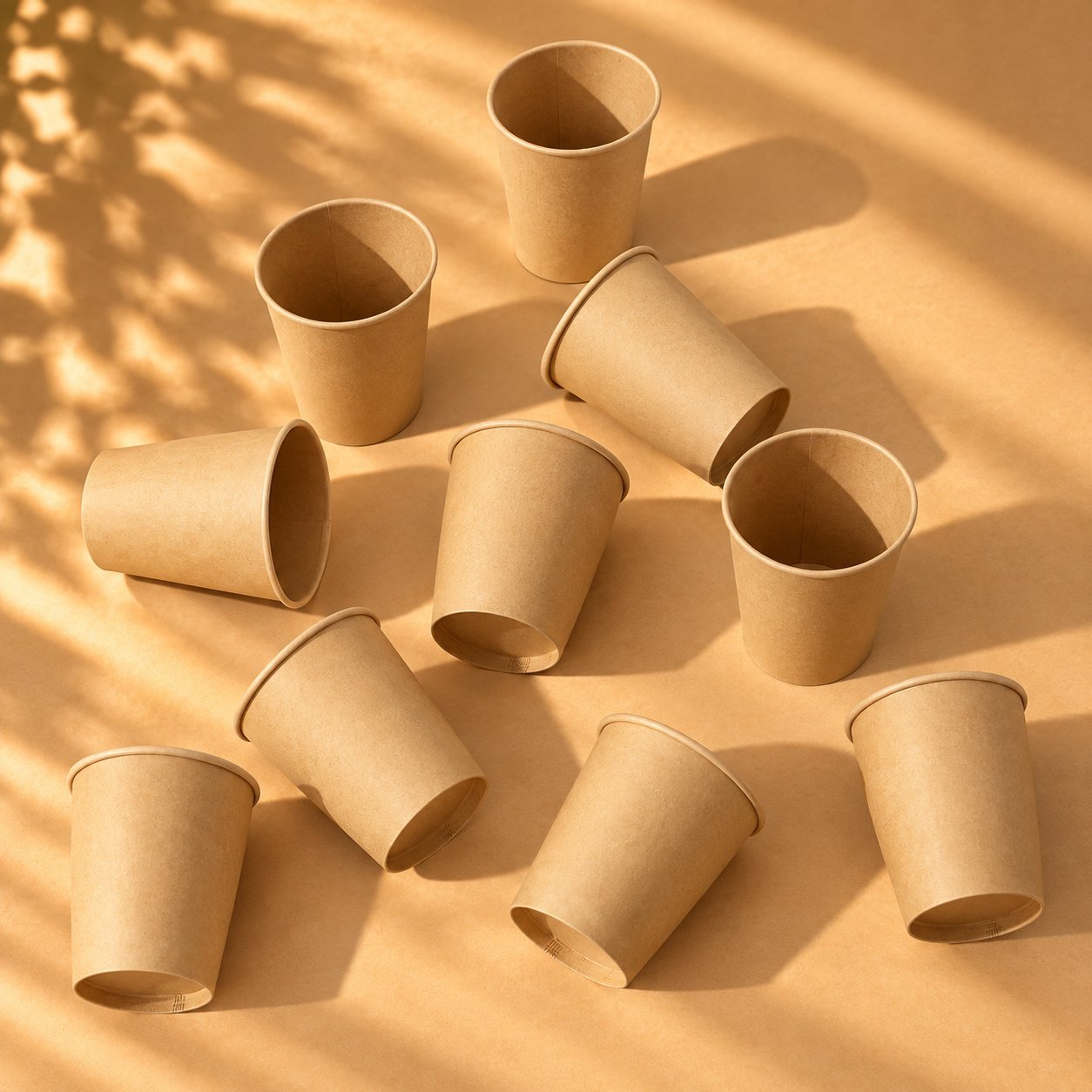 A scattering of empty kraft paper cups in different sizes and orientations on a kraft surface, with no ink, no lid, and no beverage — the raw board material before any printing, coating, or sealing step where most odor complaints actually originate.