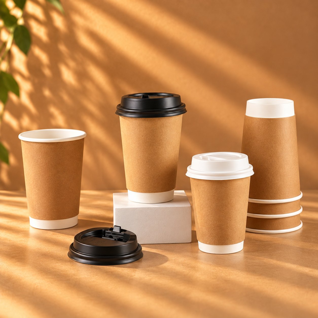 Four kraft paper cups with lids applied — two stacked with black sip lids, two with white lids — arranged on a kraft surface alongside a loose black lid, illustrating how sealed-pair cups look in transit-ready packaging and how stacked storage keeps the inside surface cleaner longer.