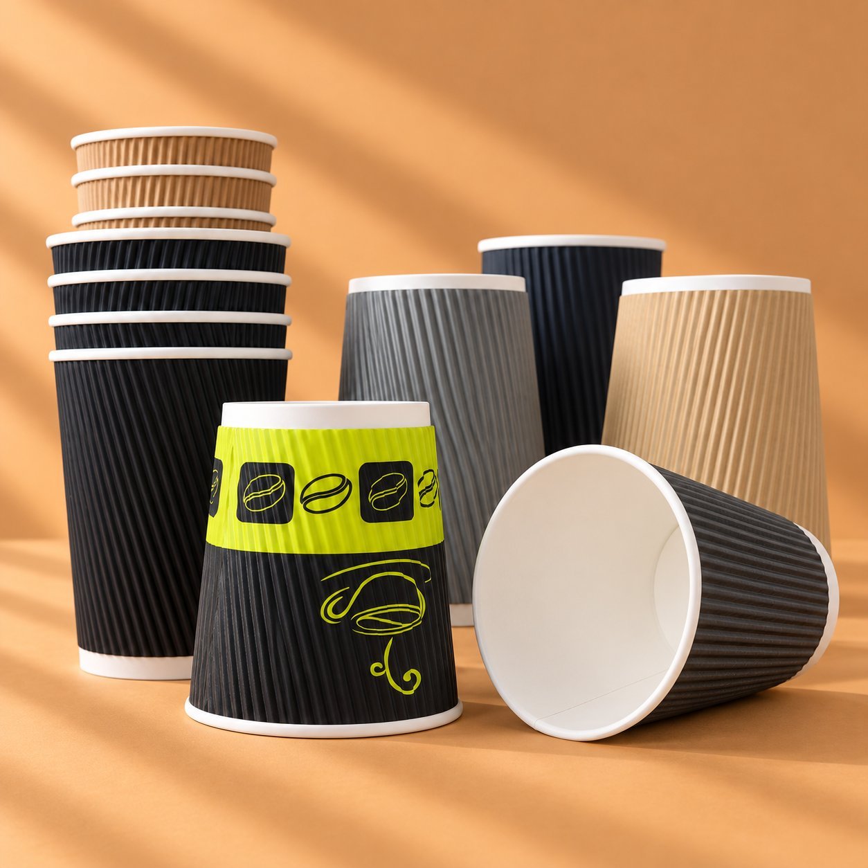 A grouping of ripple-wall paper cups in black, grey, and tan finishes with a green coffee-bean branded sleeve on one, plus a tipped cup showing the white interior — finished production-run cups where ink, board, and coating meet, and where drying and coating quality finally show up in the finished product.