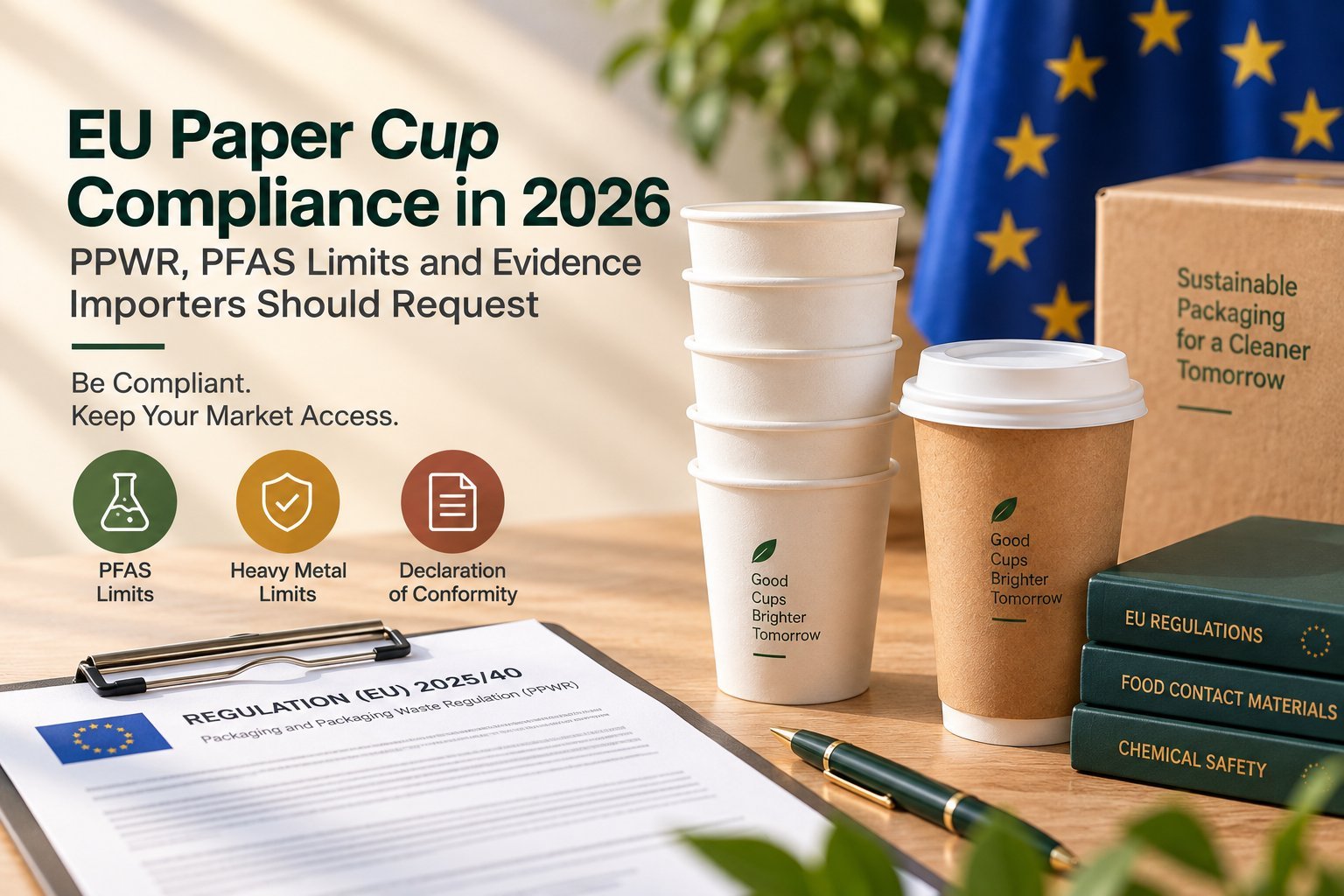 Featured image for the EU compliance article, with the headline 'EU Paper Cup Compliance in 2026: PPWR, PFAS Limits and Evidence Importers Should Request', the lede 'Regulation (EU) 2025/40 applies since August 12, 2026 — know your limits and your evidence.', EU and PPWR badges, three labelled callouts for the 25 ppb / 250 ppb / 50 ppm PFAS thresholds and the 100 mg/kg heavy-metal limit, a kraft paper cup with steam, coffee beans, and a 'Verify Before You Import' kraft sign.