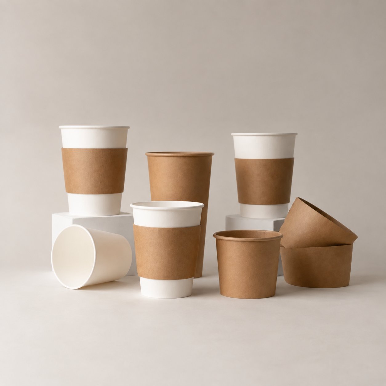 A neutral still-life composition of plain kraft and white paper cups in different sizes, some wrapped with kraft sleeves, arranged on small white platforms against a soft beige backdrop — the kind of uncoated and minimally finished board formats that fall within Regulation (EU) 2025/40 substance restrictions even before any printing or lamination is applied.