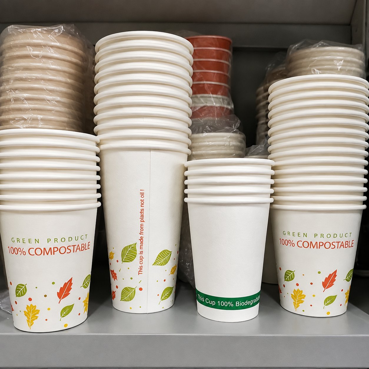A shelf of white paper cups printed with 'GREEN PRODUCT 100% COMPOSTABLE' and a leaf-graphic band, with one cup also carrying a small 'This cup is made from pla[stic] not oil' label — an example of a partly-plastic compostable cup whose composite-product status still triggers the EU marking under the Commission's plastic definition.