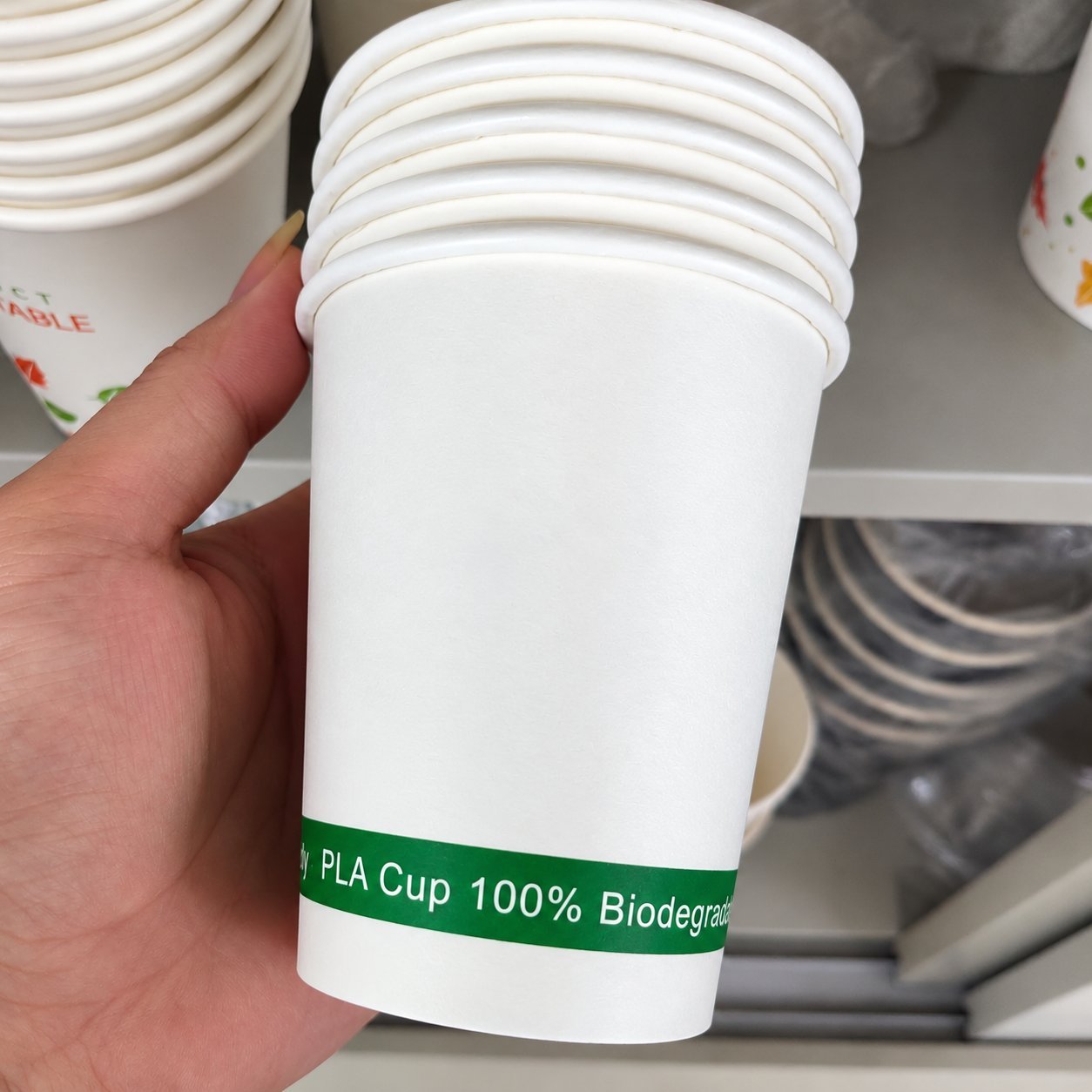 A hand holding a single white paper cup with a green band reading 'PLA Cup 100% Biodegradable', held in front of stacks of similar cups on a warehouse shelf — a close-up view of a partly-plastic biodegradable cup whose composite-product status still places it under the EU marking rule, regardless of the biodegradability claim.