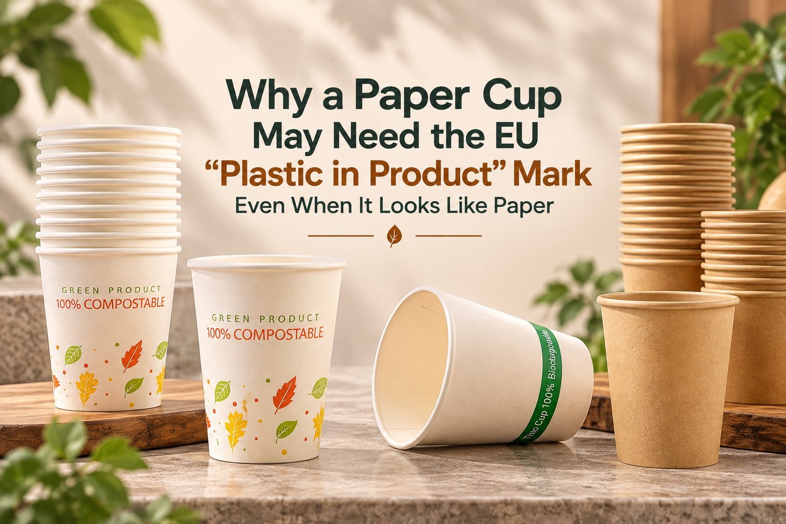 Featured image for the EU marking article, with the headline 'Why a Paper Cup May Need the EU "Plastic in Product" Mark Even When It Looks Like Paper', a small leaf divider, and a finished-composition photo of white compostable printed cups, kraft paper cups, and a tipped white cup on a stone surface framed by greenery.