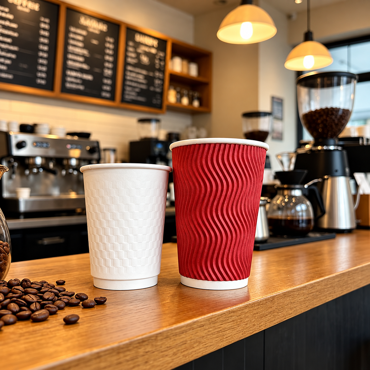 Paper cups used in a coffee shop setting for hot beverage temperature and use-case review