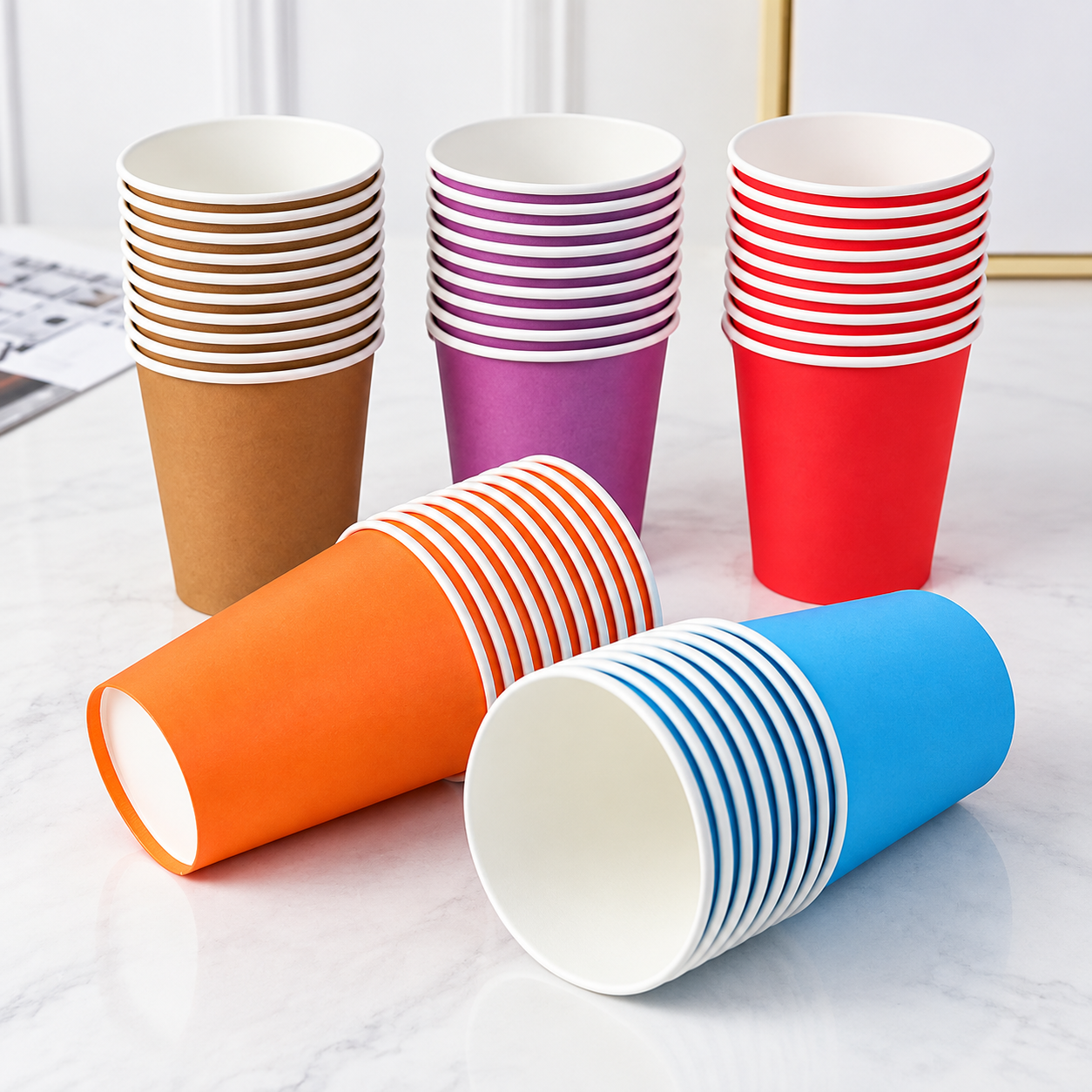 Colored paper cup samples showing different wall constructions and finishes