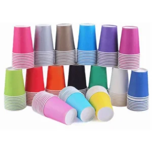 Eight oz single wall paper cups stacked in pink, grey, brown, blue, purple, green, orange, black and white colour options