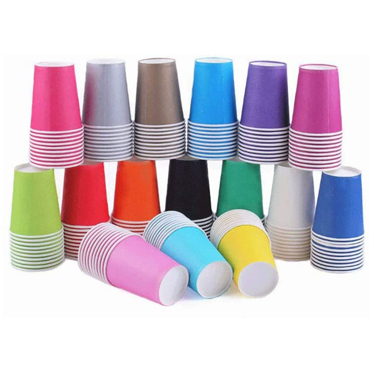 Eight oz single wall paper cups stacked in pink, grey, brown, blue, purple, green, orange, black and white colour options
