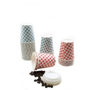 Custom 9 oz advertising paper cups in red and blue checkered print