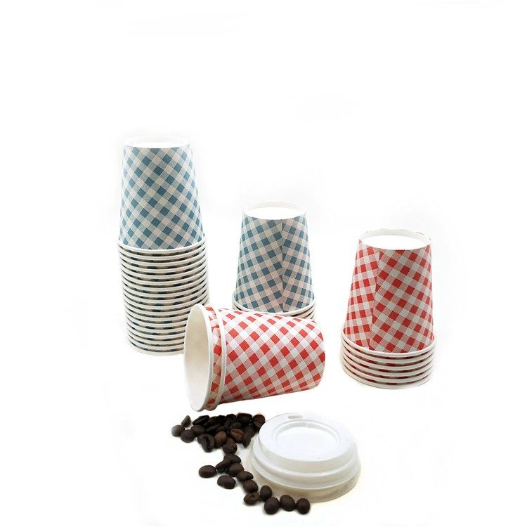 Custom 9 oz advertising paper cups in red and blue checkered print