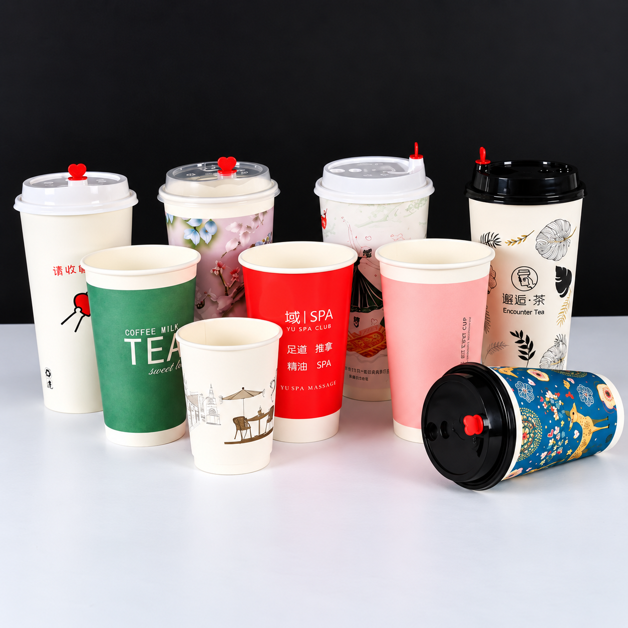 Custom paper cups with lids for hot beverage use and coating selection