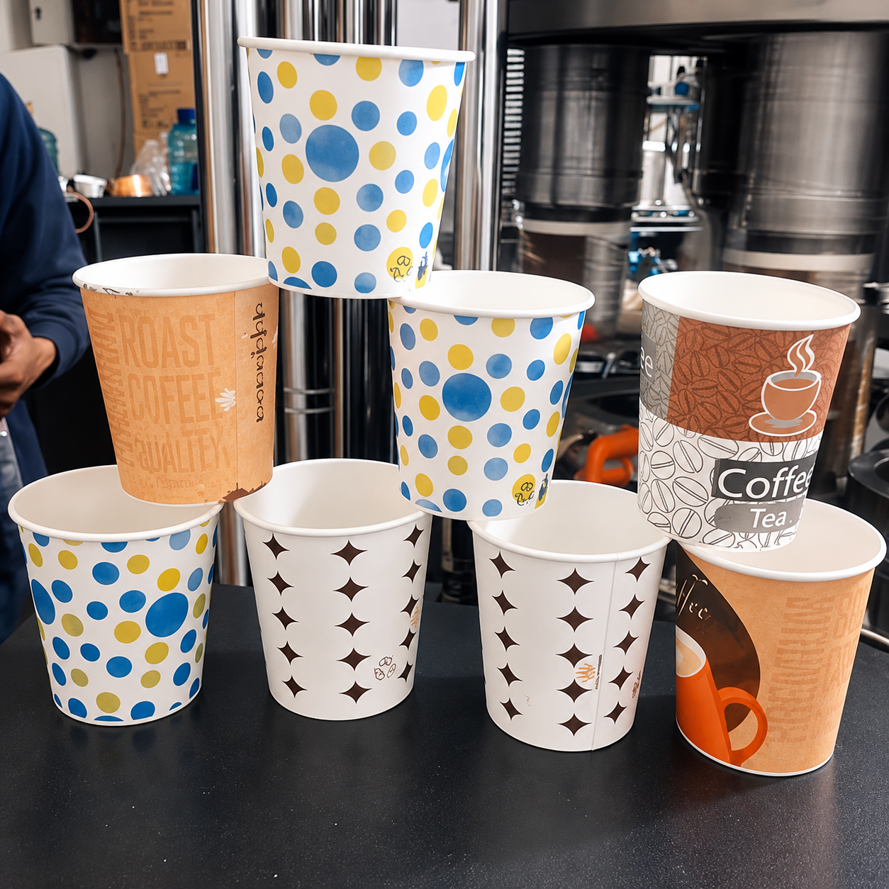 Custom printed paper cups displayed near production equipment for paper cup manufacturing review
