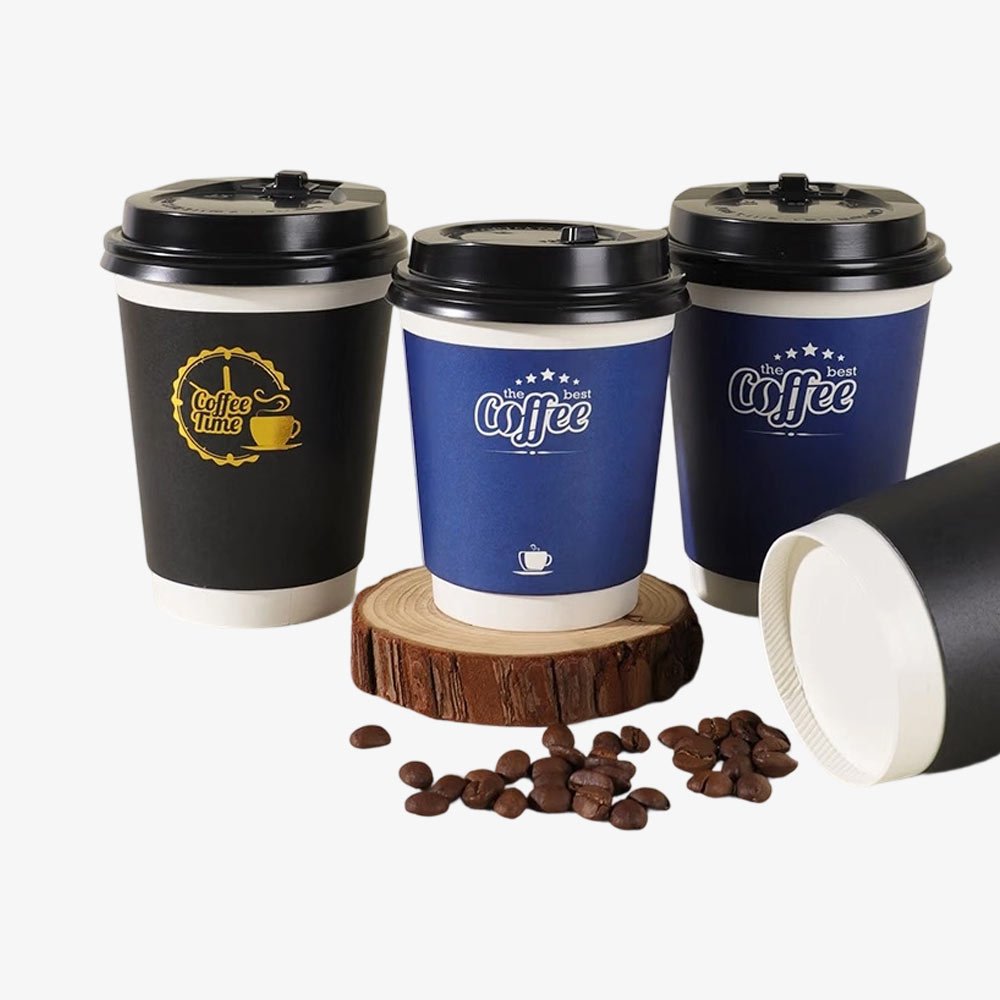 double wall insulated paper coffee cups with black lids