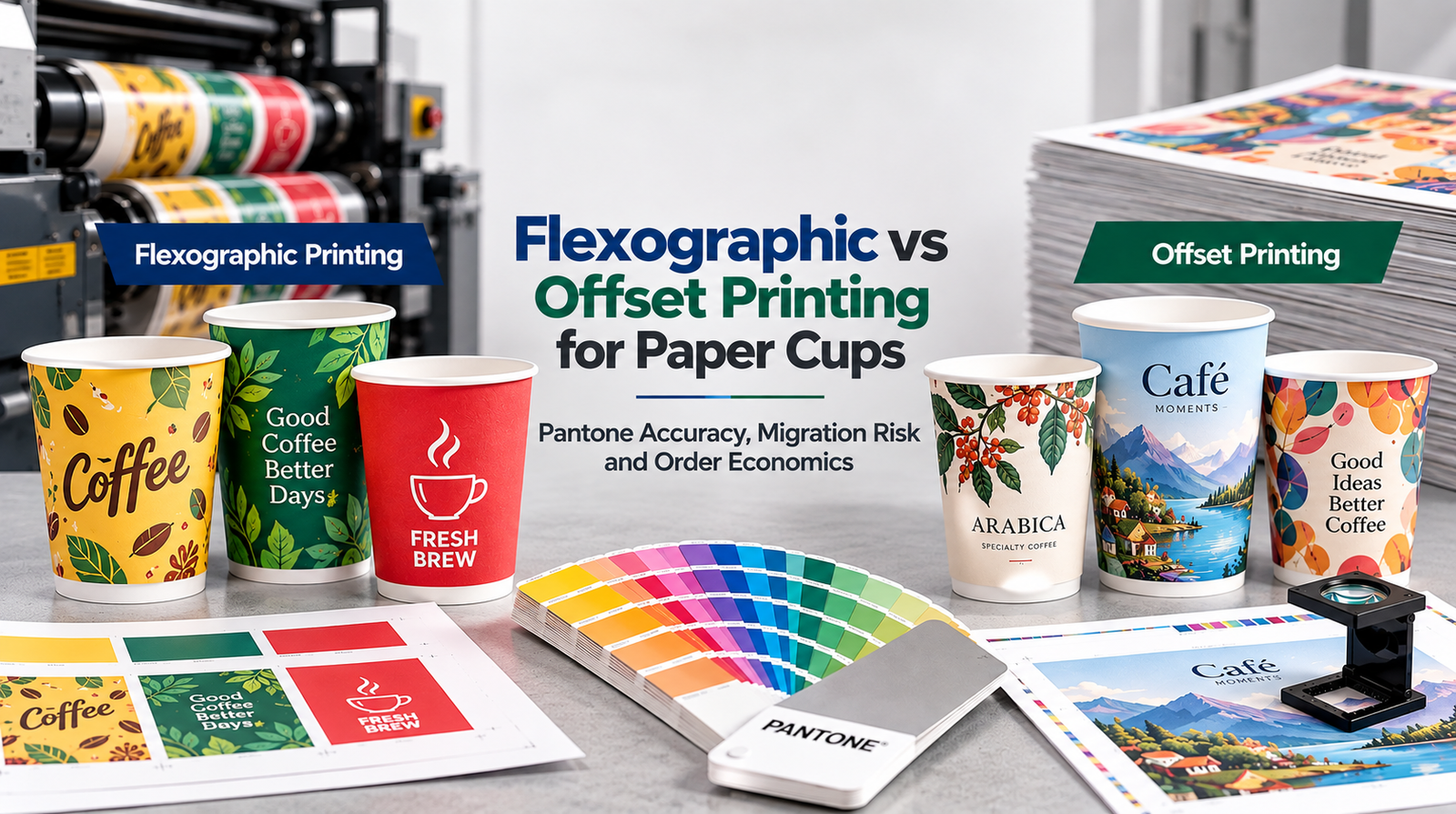 Flexographic versus offset printing for paper cups with printed cups, Pantone guide and printing press