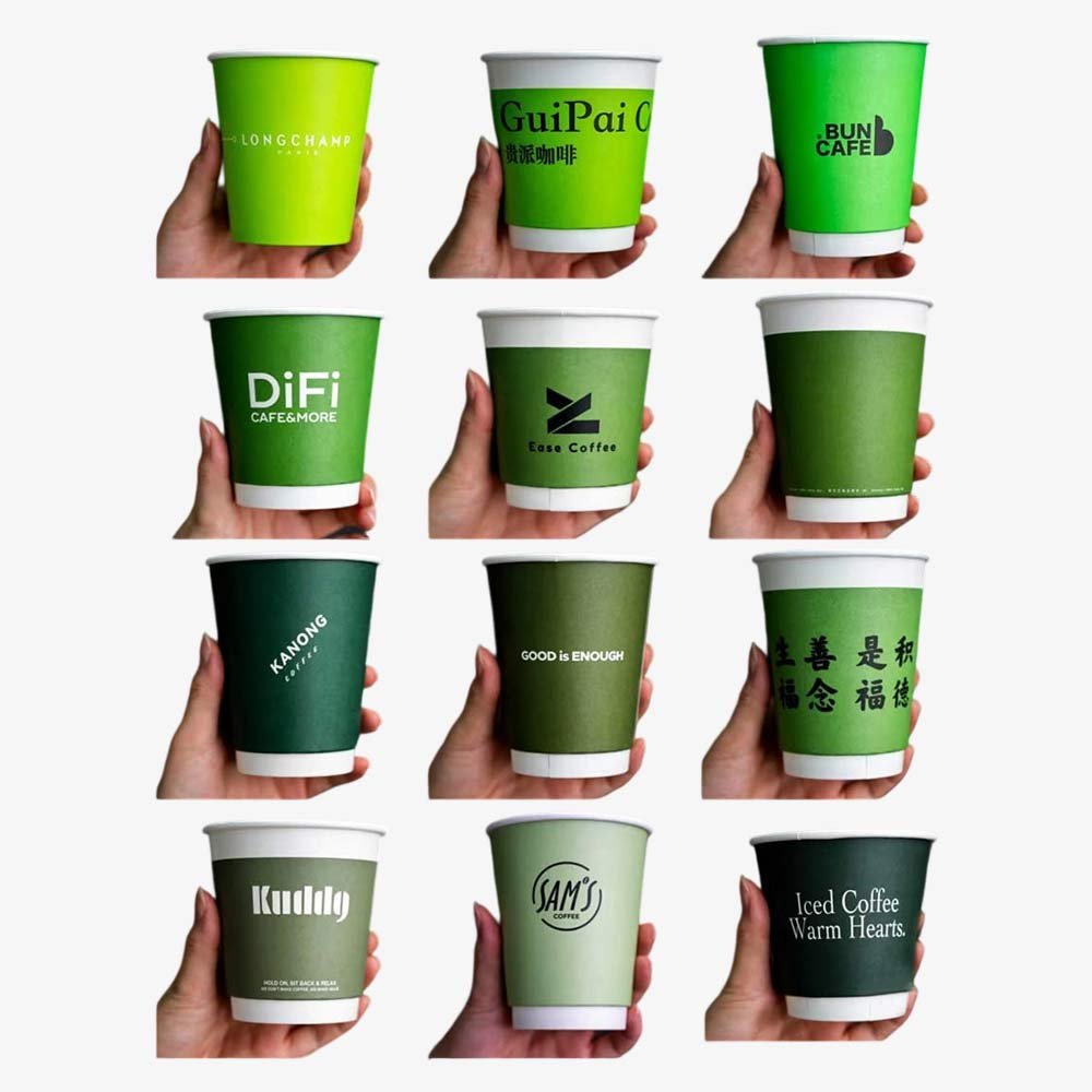 green branded coffee paper cups grid