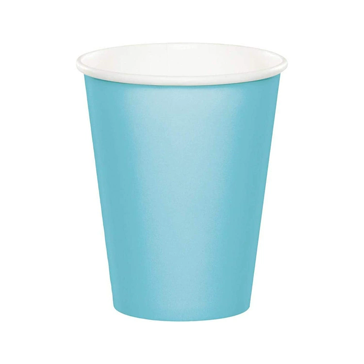 Blue, green, light green, light blue and pink single wall paper cups shown as individual colour options