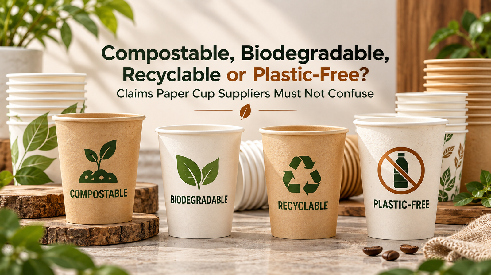 Compostable biodegradable recyclable and plastic-free paper cup claim comparison feature image