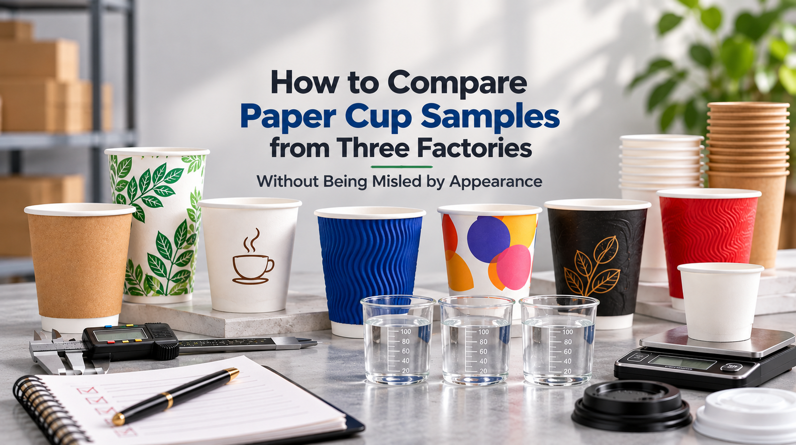 Paper cup sample comparison setup with measuring tools, water cups, scale, lids and multiple cup samples