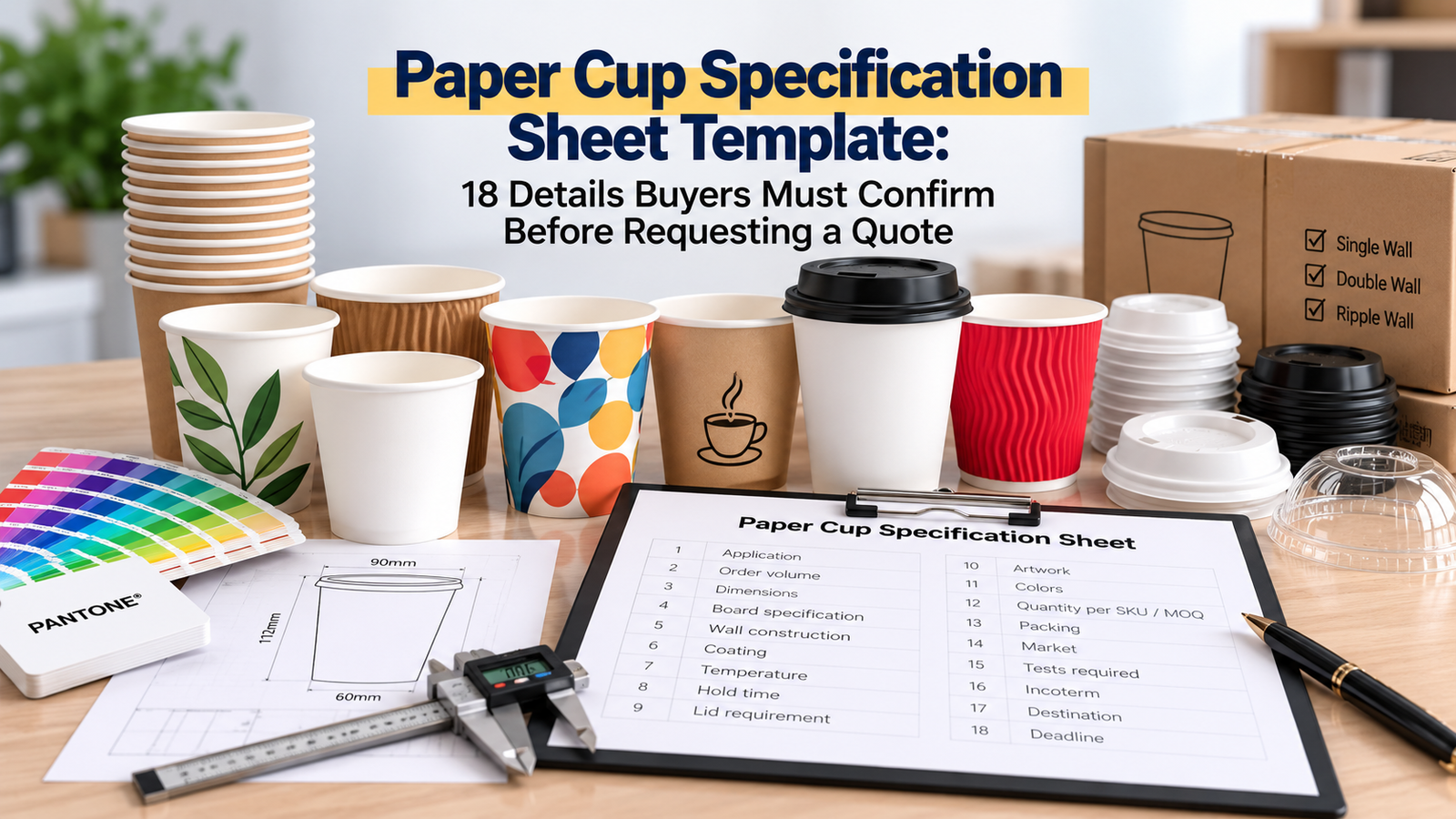 Paper cup specification sheet template with cups, lids, carton, Pantone guide and caliper