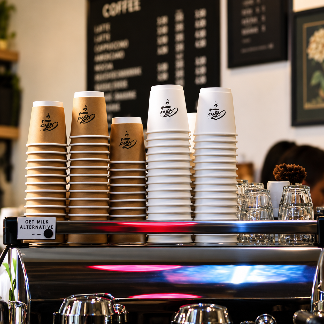 Stacks of kraft and white paper cups at a coffee counter