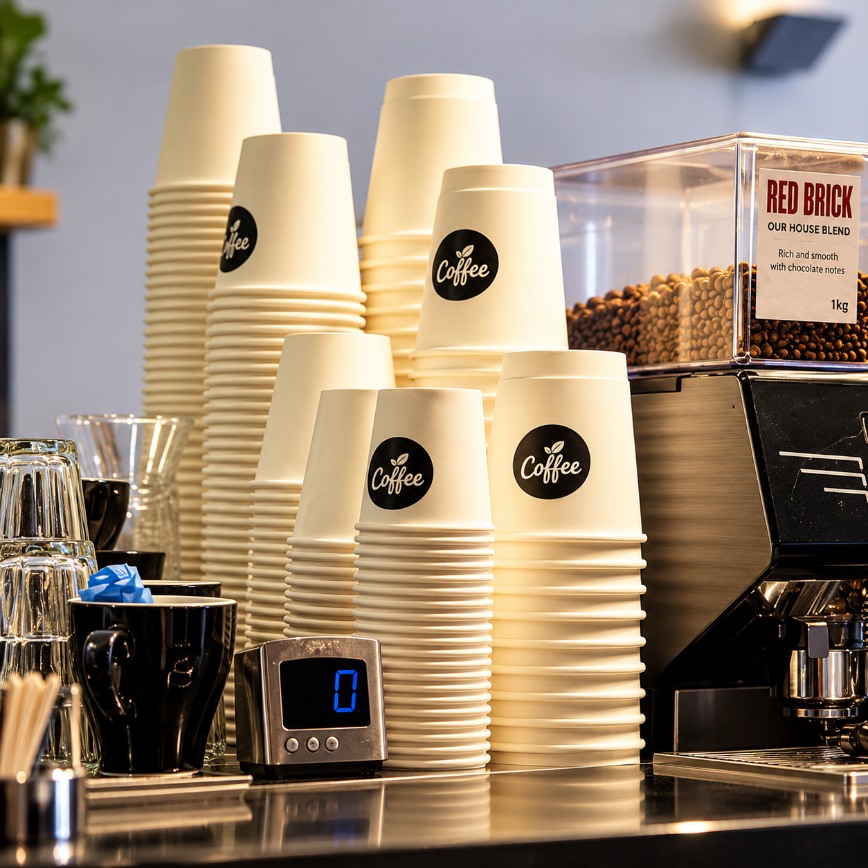 Stacks of paper cups beside coffee beans and coffee equipment