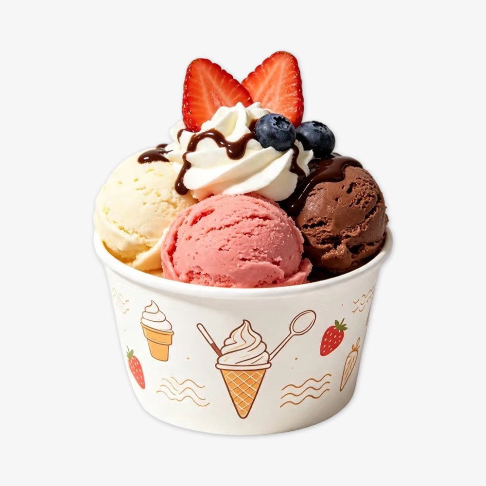 paper ice cream cup with scoops fruit topping