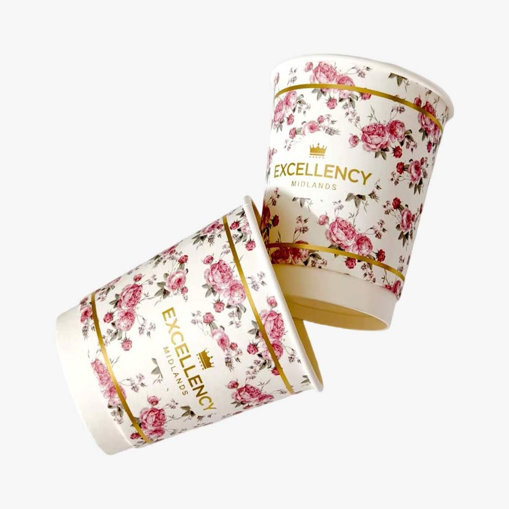pink rose floral gold logo paper cups