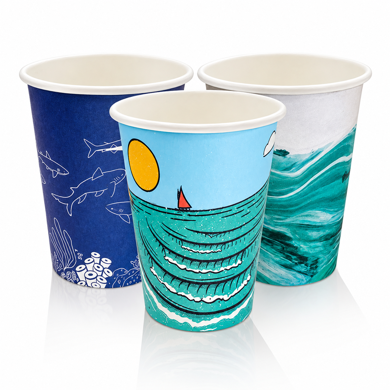 Printed paper cups with water-themed designs for coating comparison