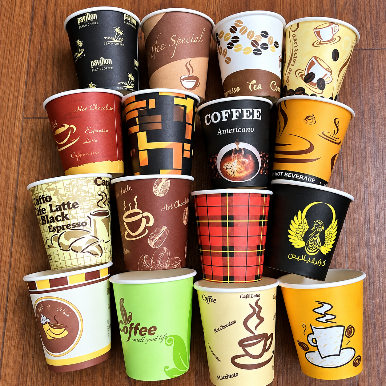 Assorted printed coffee paper cups showing different cup constructions and uses
