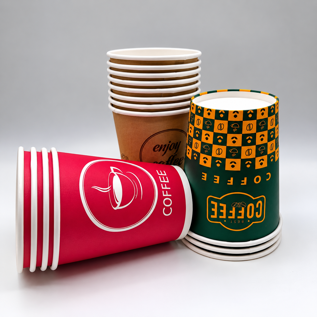 Printed hot drink paper cups showing cup surfaces relevant to coating and ink compliance review