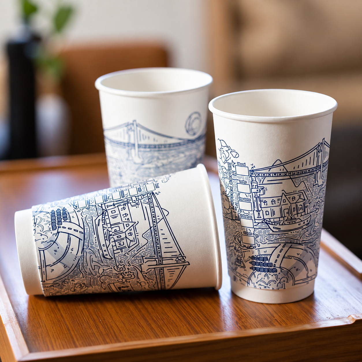 Printed paper cups with blue line art for coating and forming review