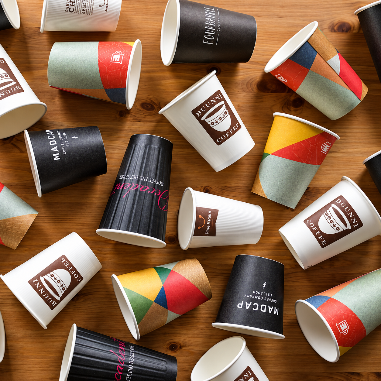 Printed paper cups on a wood table for comparing print quality, registration and finish