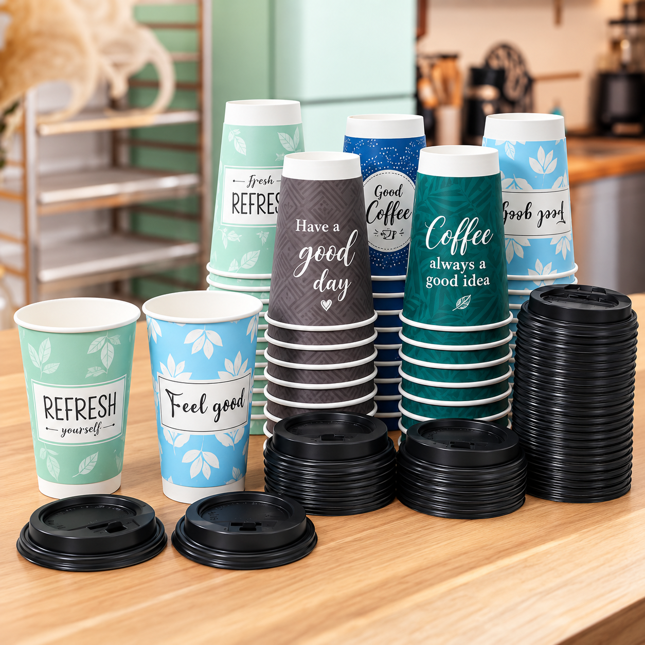 Printed paper cups with black lids arranged on a table for custom cup printing review