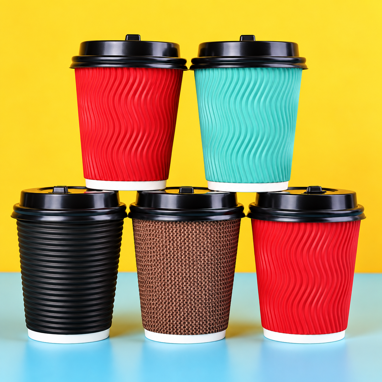 Ripple wall paper cups with black lids in multiple colors