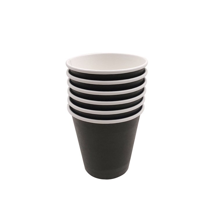 Five black eight oz paper cups stacked to show the rolled rim and straight single wall body