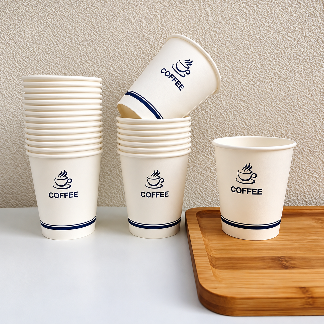 Stacked white coffee paper cups with simple logo printing for food-contact documentation review