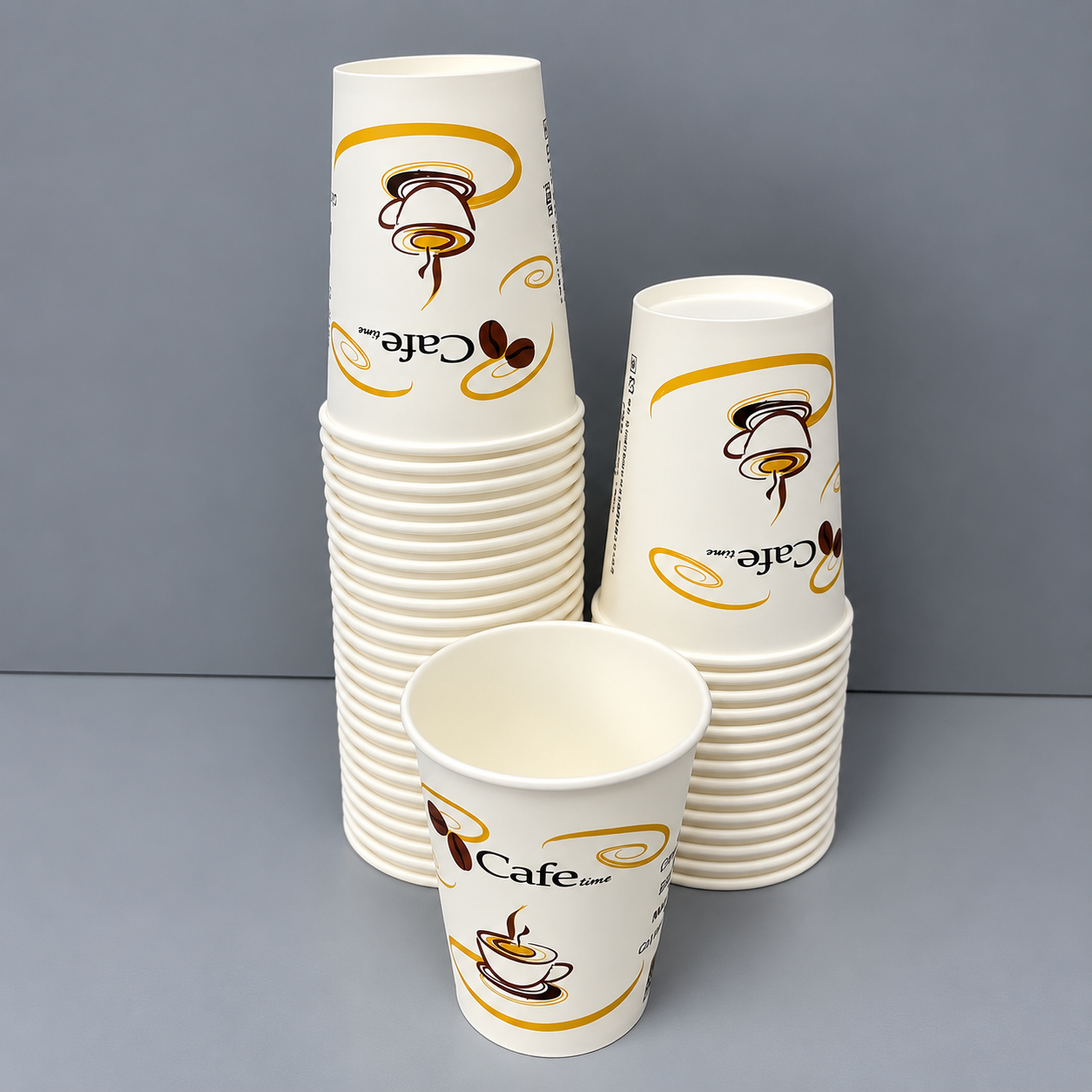 Stacked printed paper cups for checking rim consistency and nesting behavior