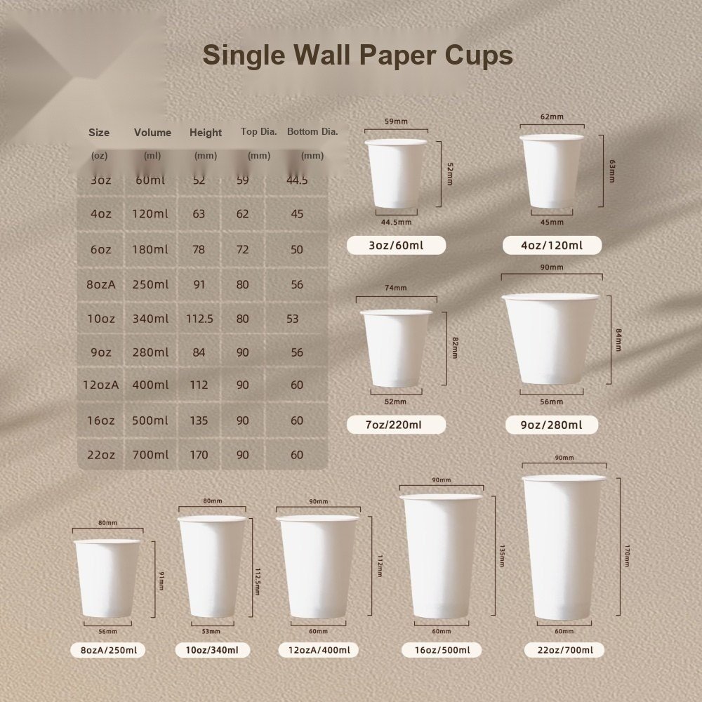 6oz single wall paper cups stacked size chart in ounces and milliliters