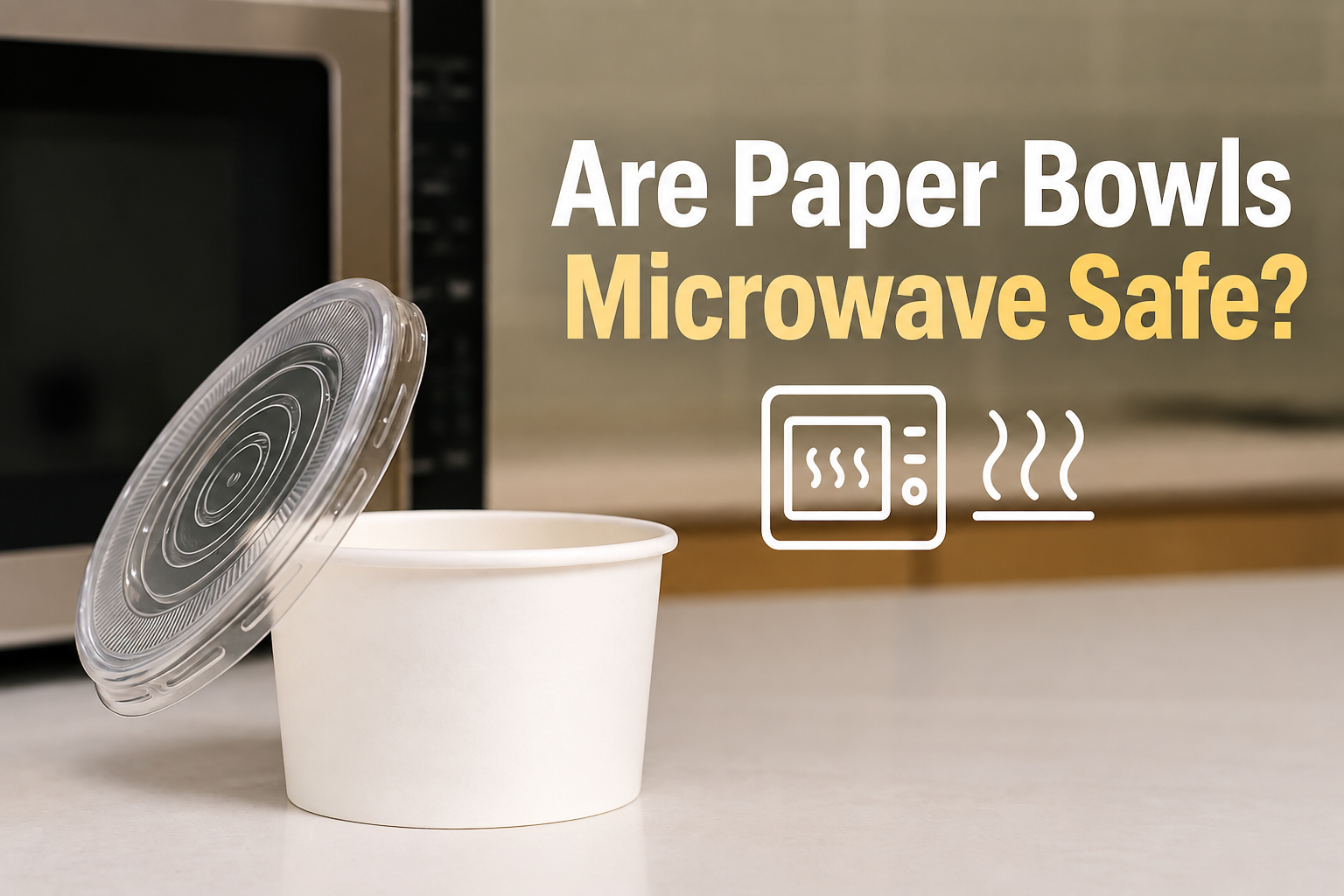 Paper bowl with lid in front of a microwave with the text Are Paper Bowls Microwave Safe