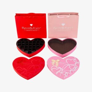 Heart shaped chocolate box set with matching gift bags in red and pink
