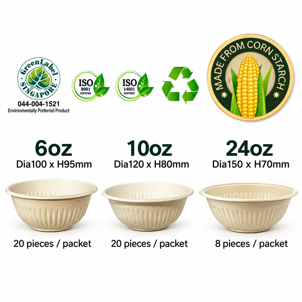 Compostable bowl sizes with environmental certification style icons