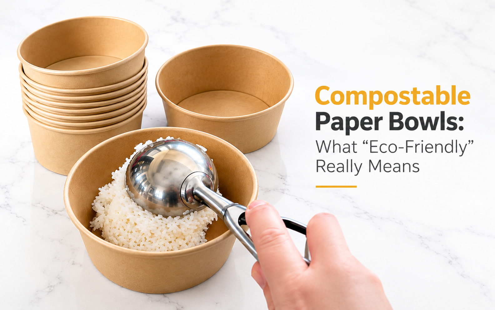 Compostable paper bowls with rice and article title text