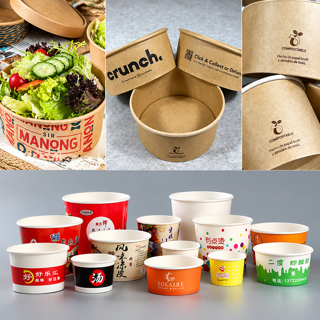 Custom printed kraft paper bowls and compostable bowl examples
