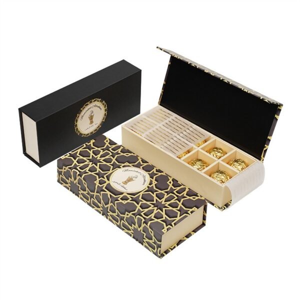 Handmade chocolate box with magnetic flip-top lid and black gold geometric pattern