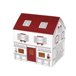 White house-shaped nougat gift box with red roof and French patisserie illustration