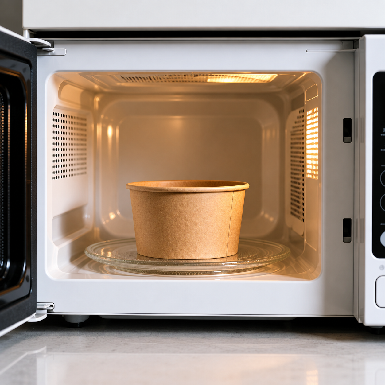 Kraft paper bowl inside a microwave during reheating