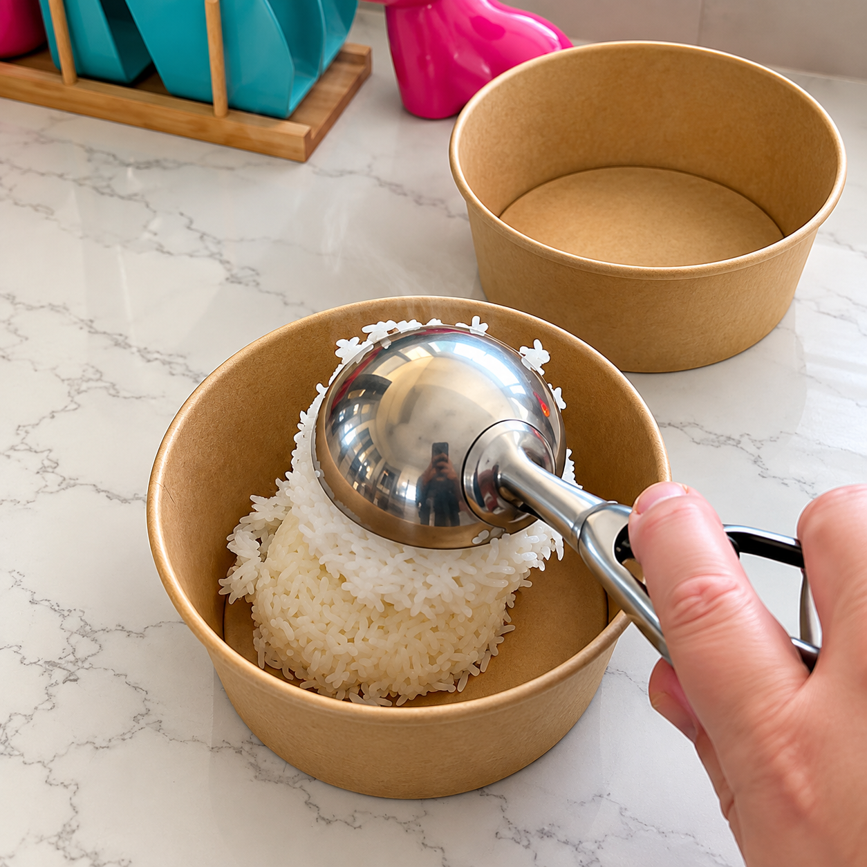 Kraft paper bowl being filled with rice