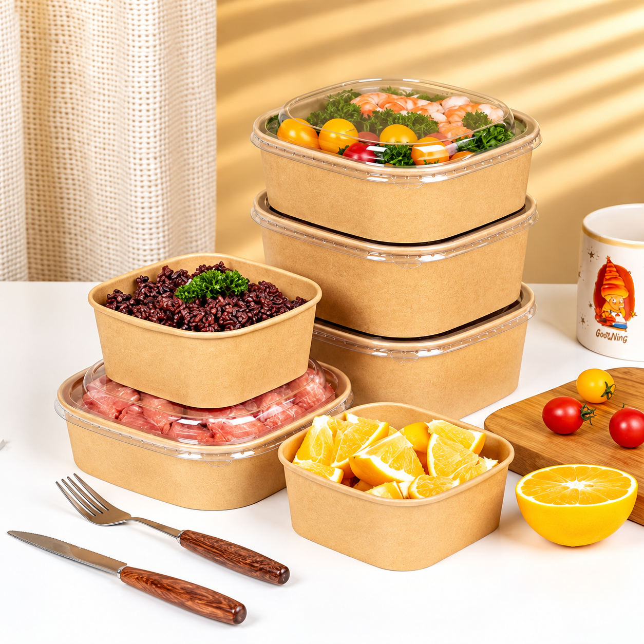 Kraft paper food bowls with clear lids and prepared food