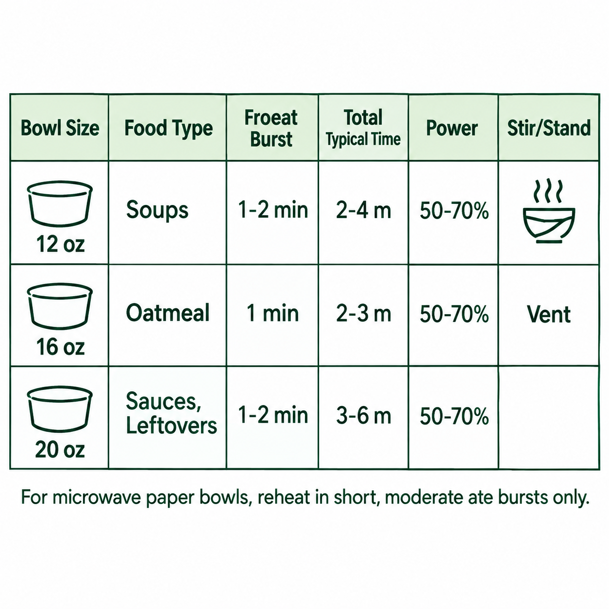 Reference table for microwave paper bowl reheating by bowl size and food type